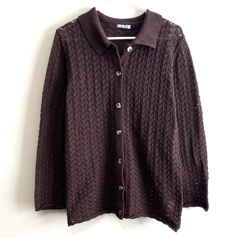 Earthbound Trading Co. Pointelle Open-Knit Collared Button Sweater